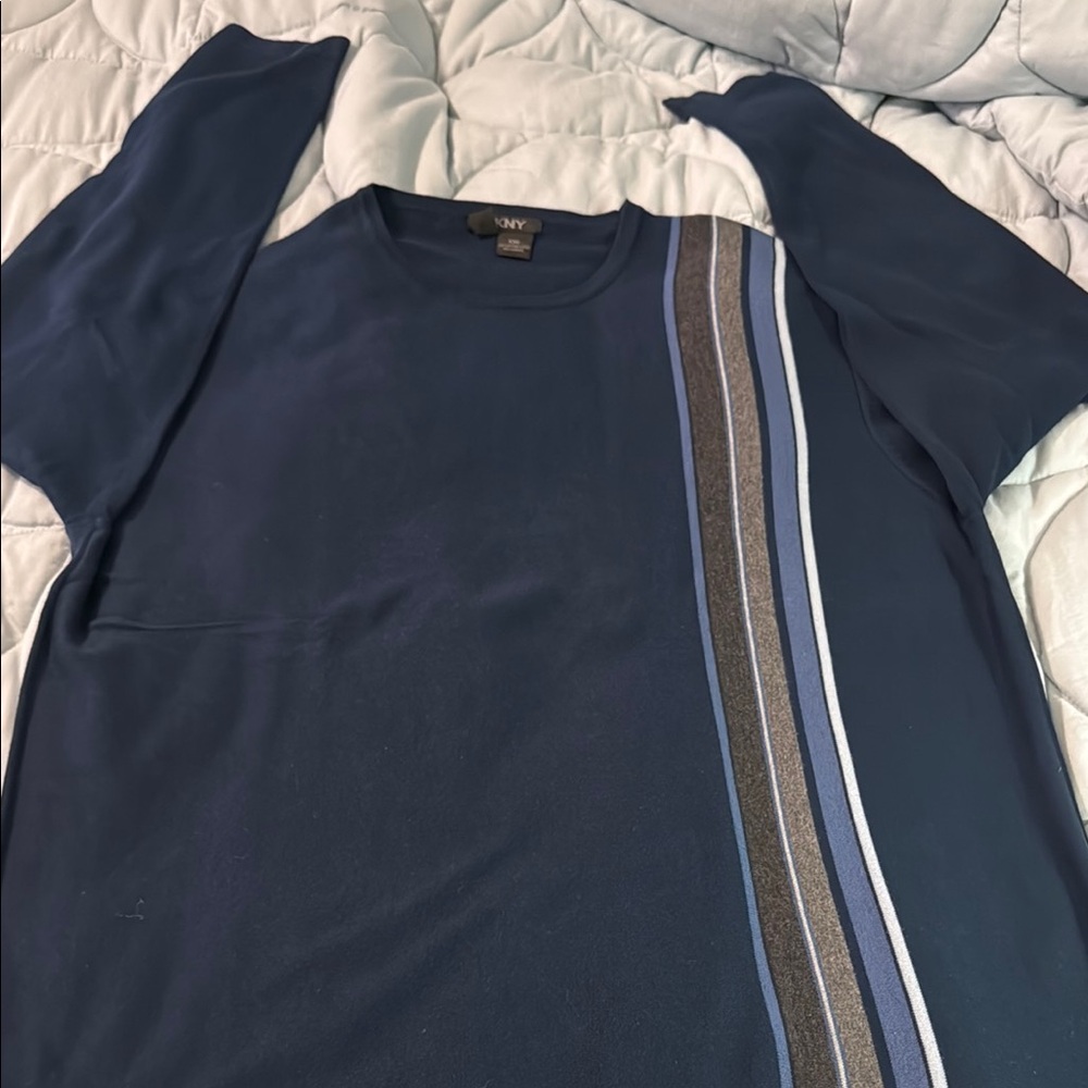 DKNY Blue Sweater with Gray and White Stripes